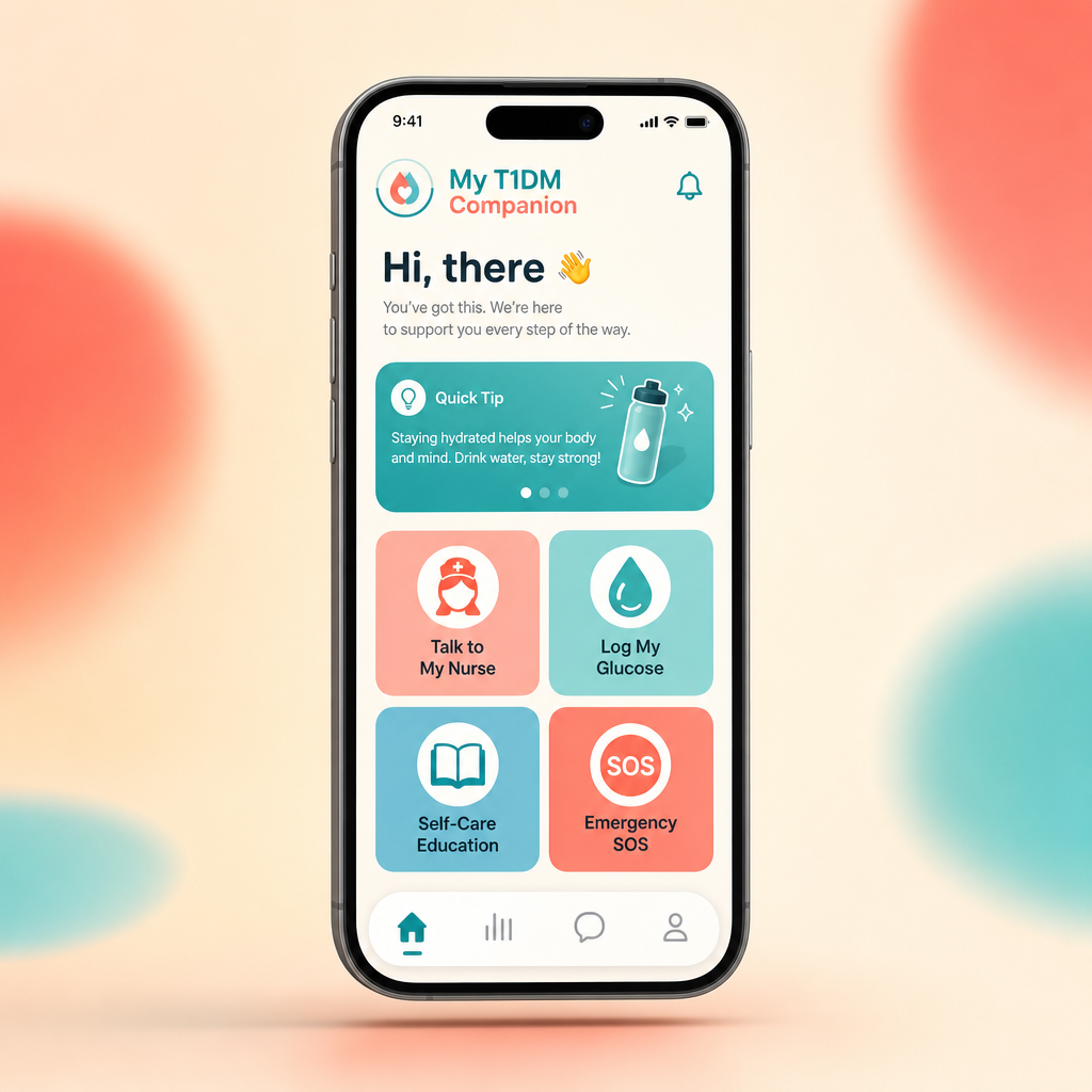 My T1DM Companion app on a phone showing the home dashboard with nurse chat, glucose logging, self-care education and emergency SOS